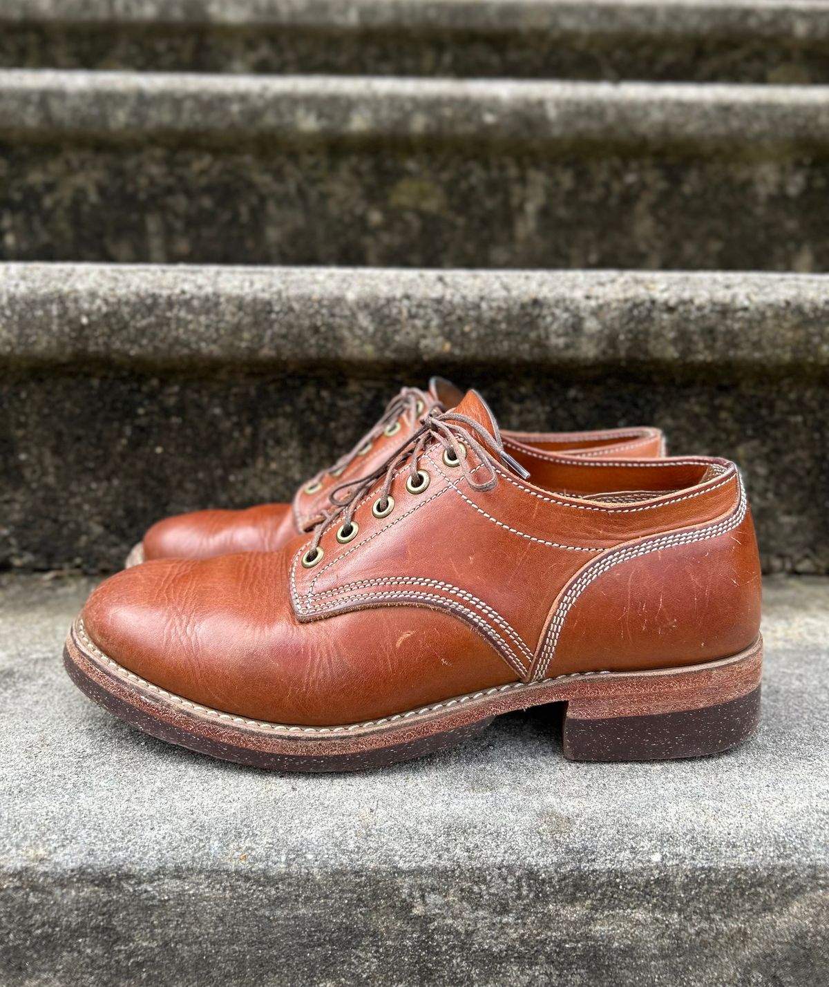Photo by NewEnglandIndigo on March 3, 2024 of the Onderhoud LVL01 Derby Boot in Badalassi Carlo Cognac Minerva.