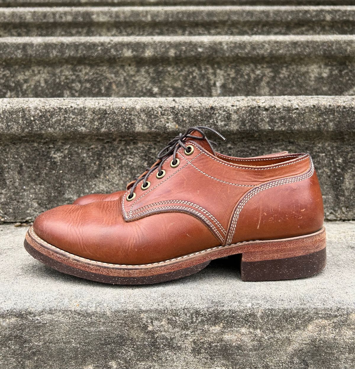 Photo by NewEnglandIndigo on April 2, 2024 of the Onderhoud LVL01 Derby Boot in Badalassi Carlo Cognac Minerva.