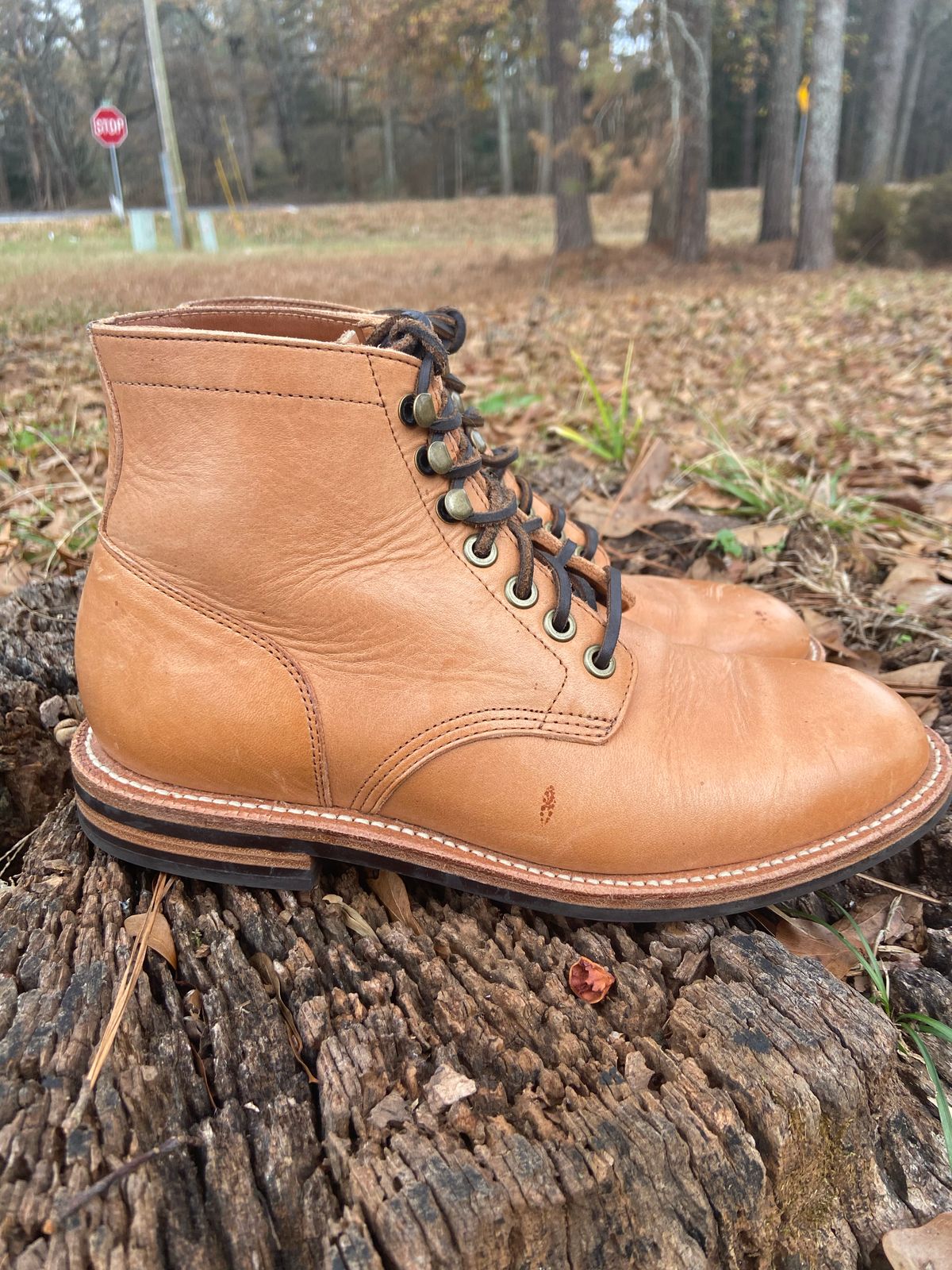 Photo by Fey on December 3, 2022 of the Grant Stone Diesel Boot in Horween English Tan Essex.