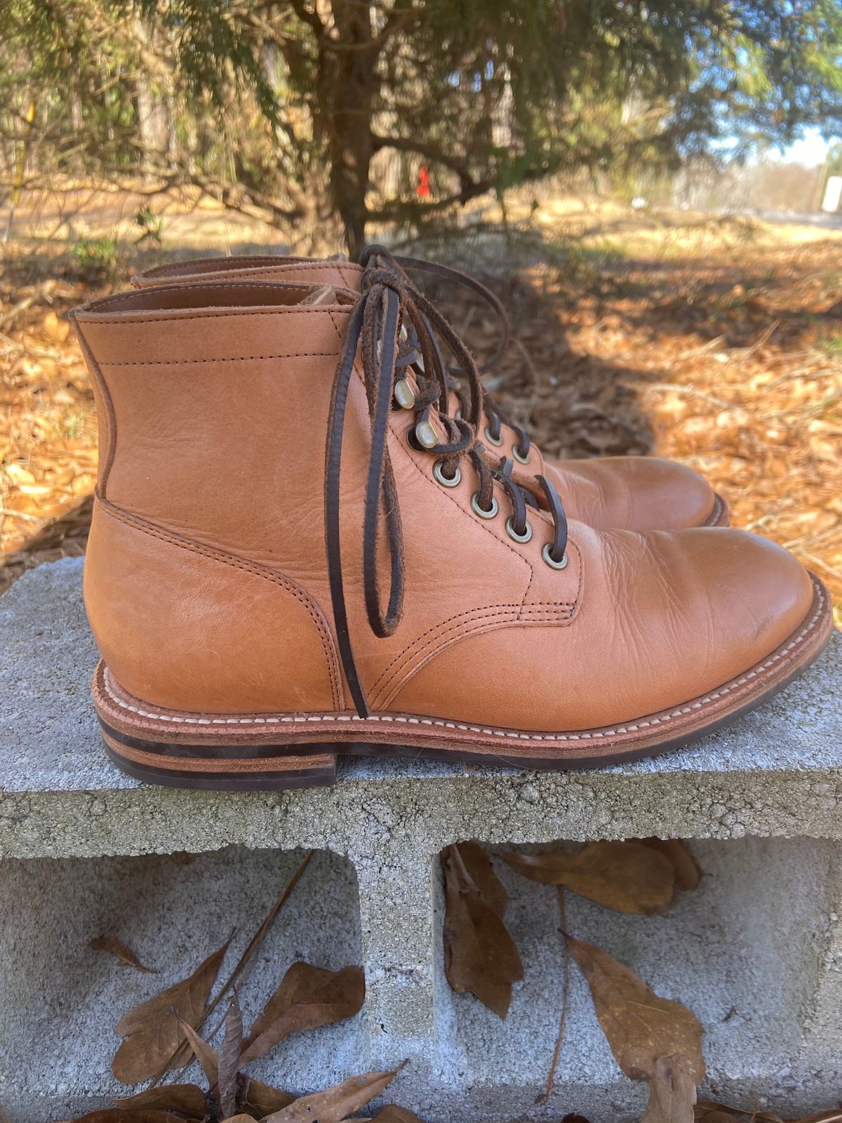 Photo by Fey on February 4, 2023 of the Grant Stone Diesel Boot in Horween English Tan Essex.
