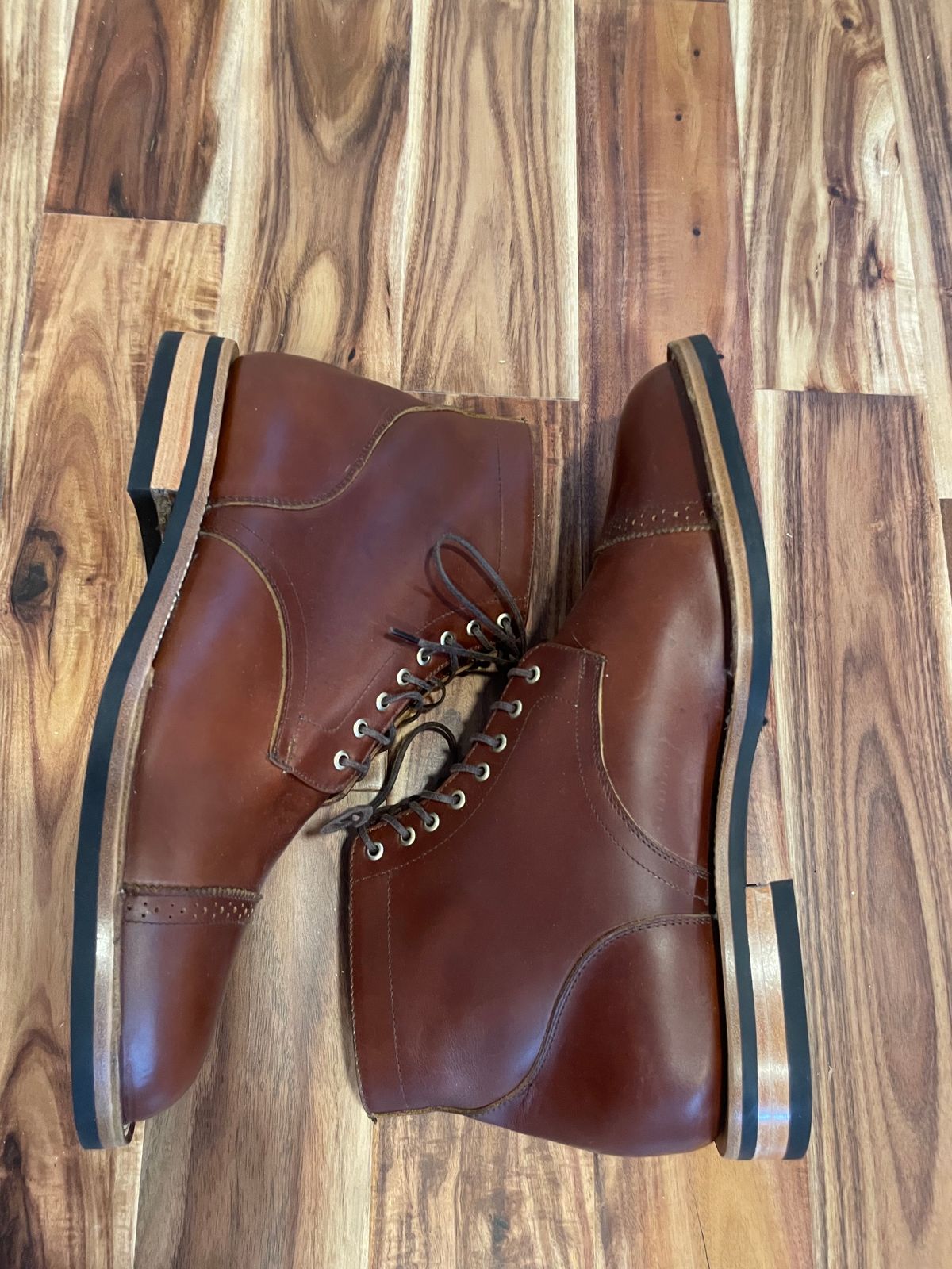 Photo by cjchris66 on October 1, 2023 of the Christian Daniel Larry Lace Up Boot in Wickett & Craig Buck Brown Traditional Harness.