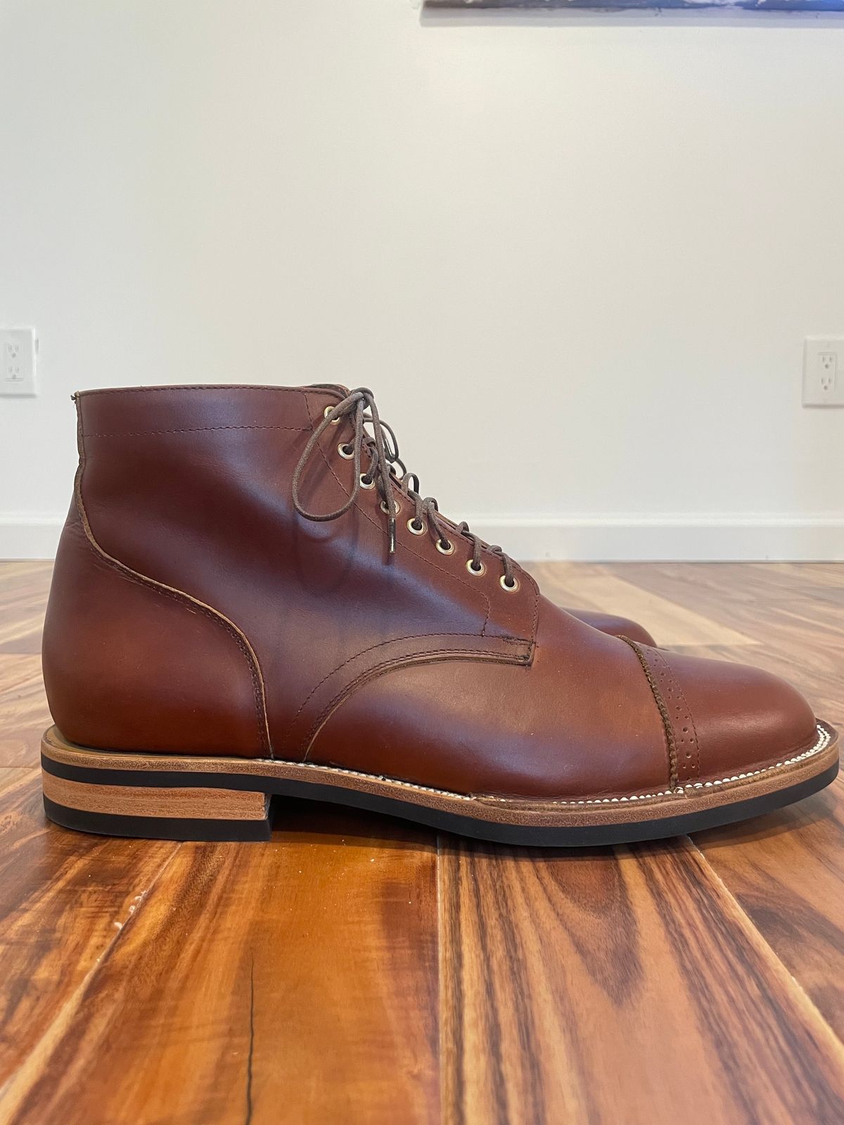 Photo by cjchris66 on October 1, 2023 of the Christian Daniel Larry Lace Up Boot in Wickett & Craig Buck Brown Traditional Harness.