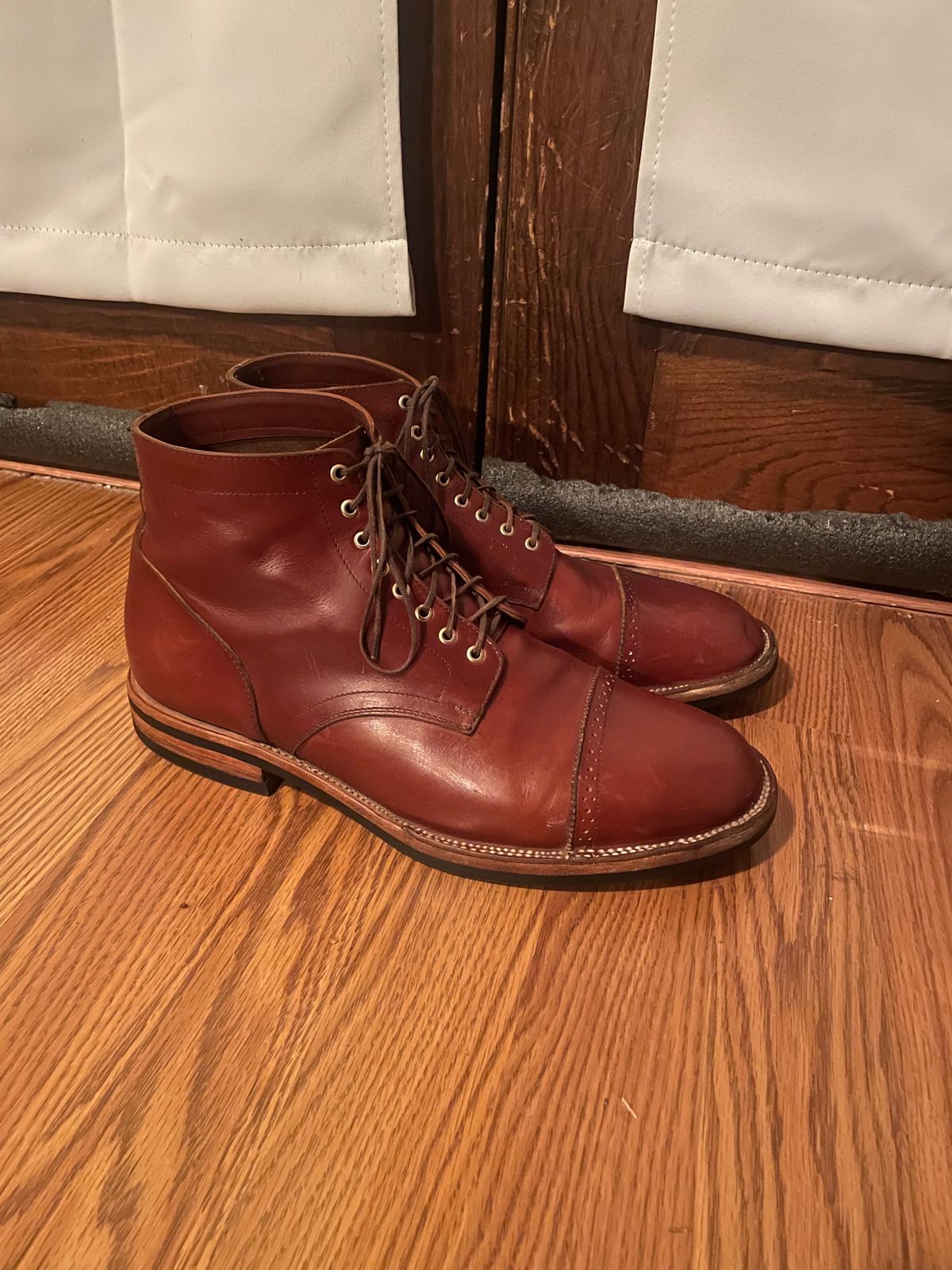 Photo by cjchris66 on November 9, 2023 of the Christian Daniel Larry Lace Up Boot in Wickett & Craig Buck Brown Traditional Harness.
