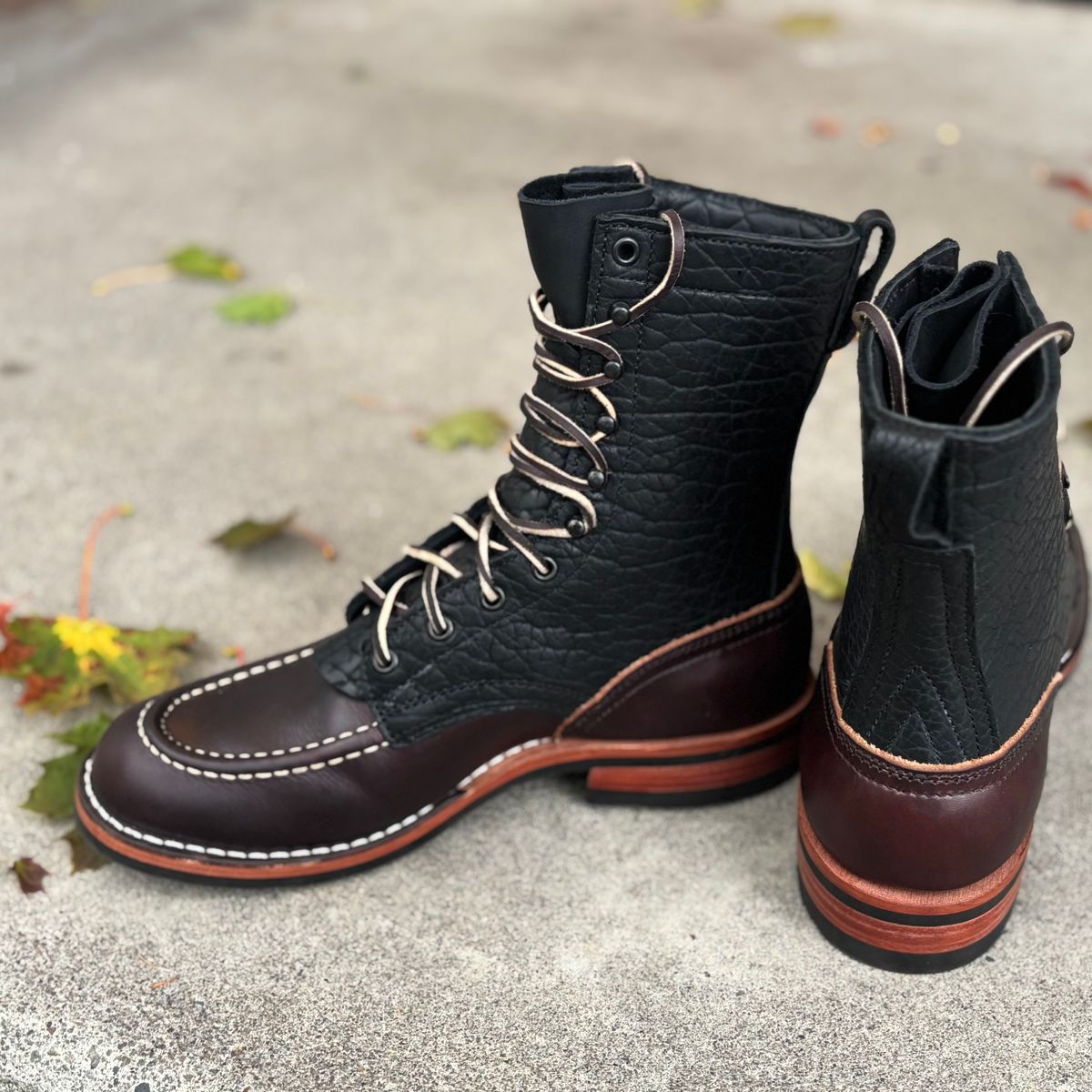 Photo by Particlepartition on October 1, 2025 of the Nicks MTO in Law Tanning Black Smooth Shruken Bison & Wicket & Craig Double Stuffed Walnut.