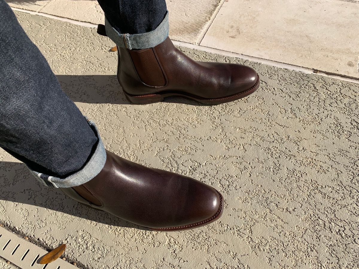 Photo by langeaw on March 2, 2021 of the Grant Stone Chelsea Boot in D'Annonay Chocolate Antique Calf.