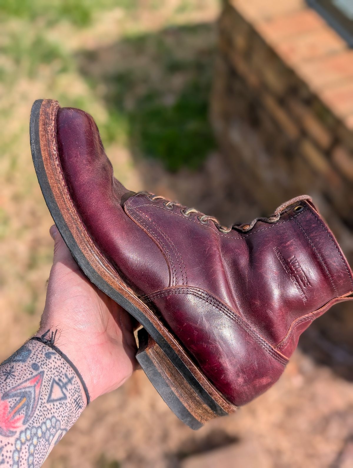 Photo by demo on March 24, 2025 of the White's 350 Cruiser in Horween Burgundy Chromexcel.