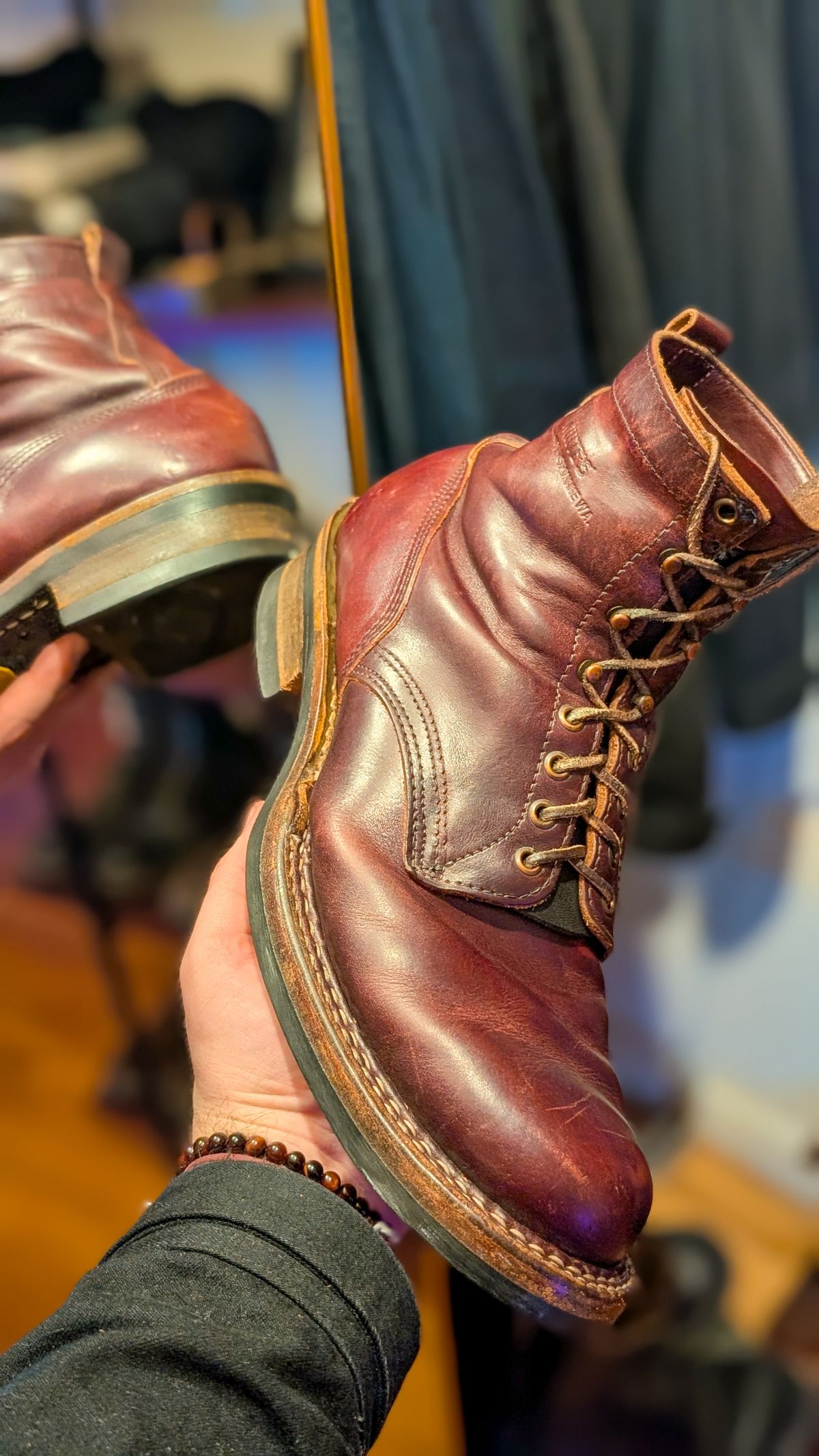 Photo by demo on February 10, 2026 of the White's 350 Cruiser in Horween Burgundy Chromexcel.