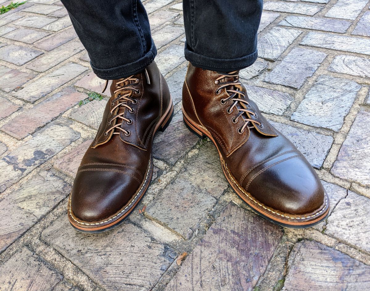 Photo by demo on August 1, 2022 of the White's MP-Sherman Toe Cap in Horween Cinnamon Waxed Flesh.