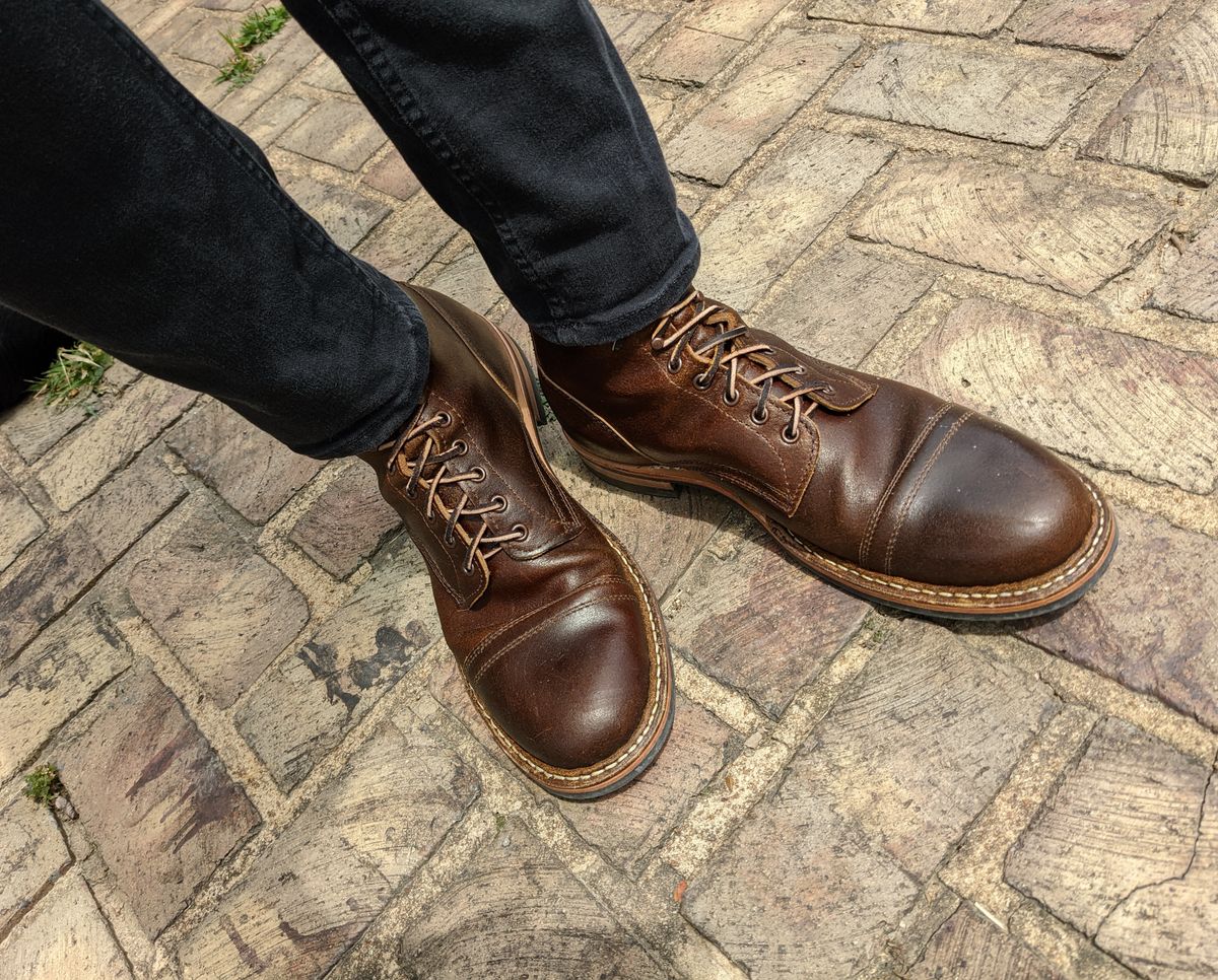 Photo by demo on August 2, 2022 of the White's MP-Sherman Toe Cap in Horween Cinnamon Waxed Flesh.