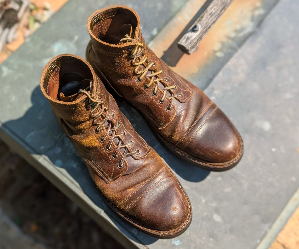 Photo by demo on August 9, 2024 of the White's MP-Sherman Toe Cap in Horween Cinnamon Waxed Flesh.