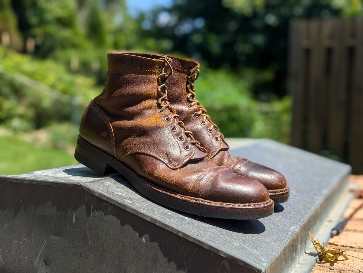 Photo by demo on August 9, 2024 of the White's MP-Sherman Toe Cap in Horween Cinnamon Waxed Flesh.