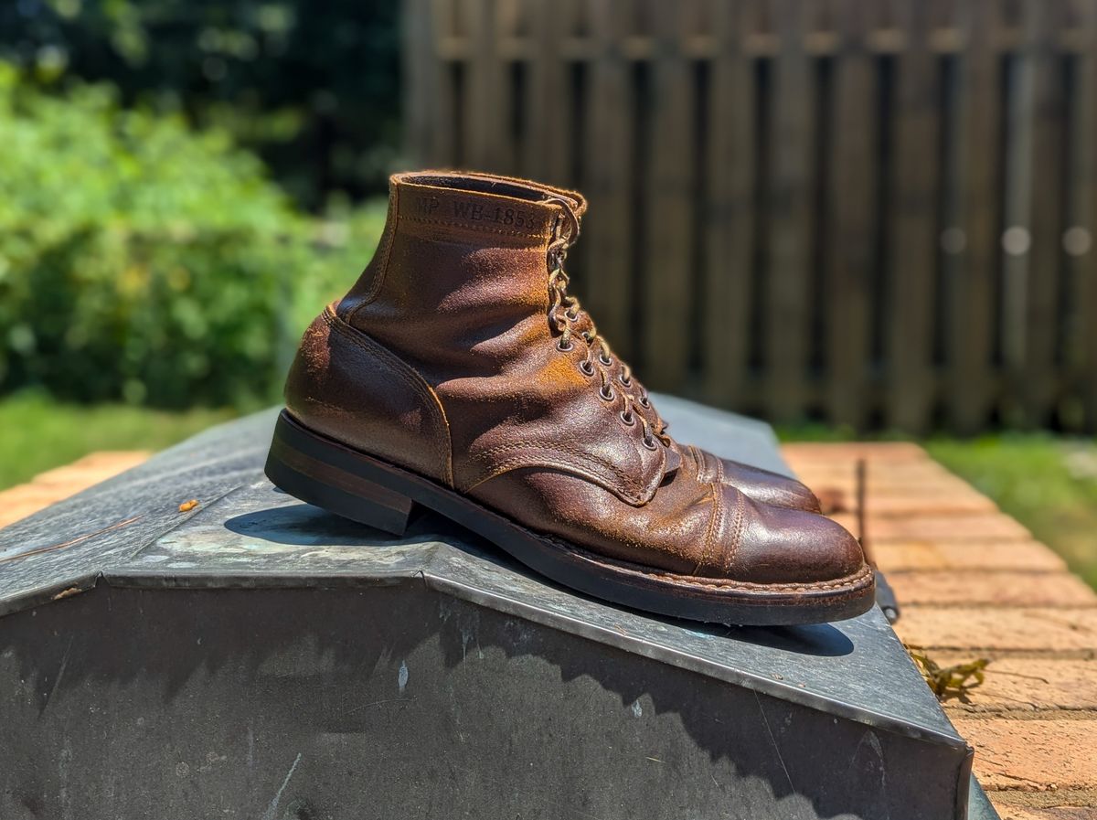 Photo by demo on August 9, 2024 of the White's MP-Sherman Toe Cap in Horween Cinnamon Waxed Flesh.