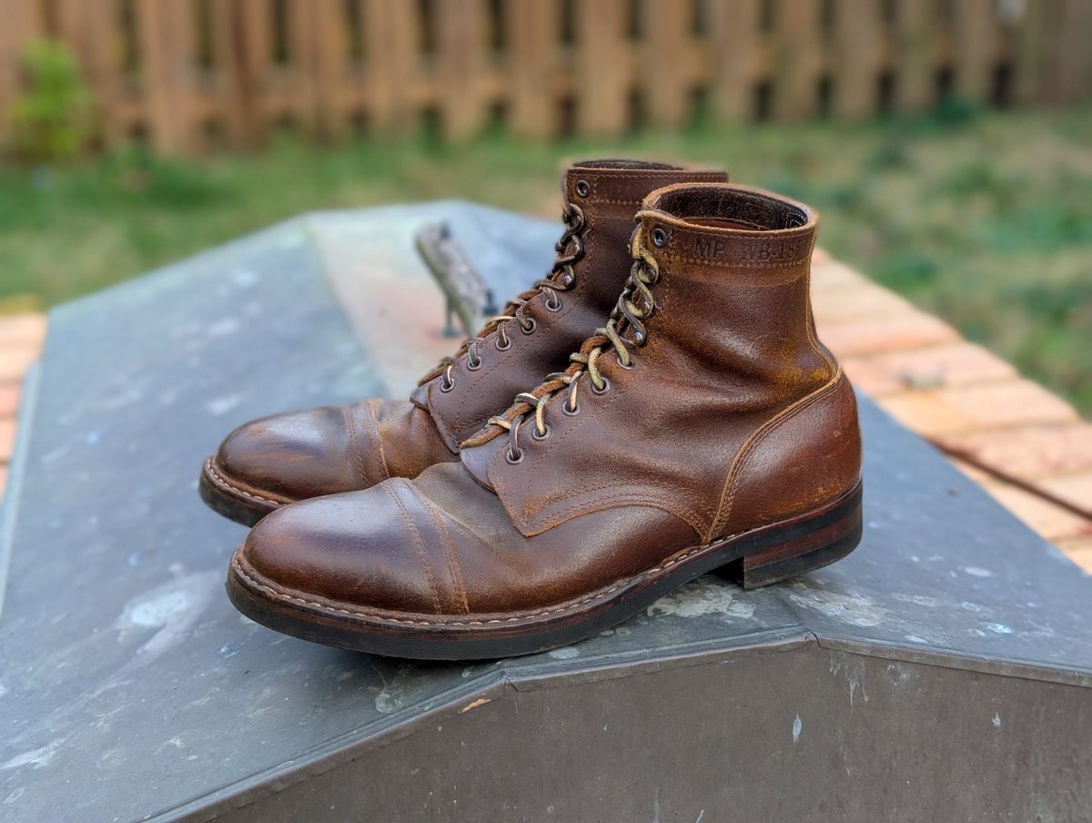 Photo by demo on November 8, 2024 of the White's MP-Sherman Toe Cap in Horween Cinnamon Waxed Flesh.