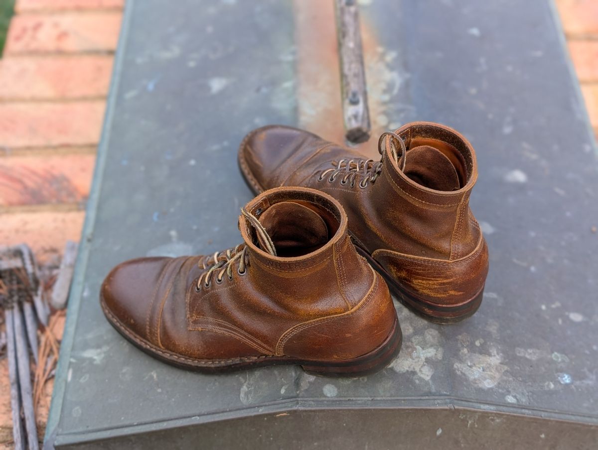 Photo by demo on November 8, 2024 of the White's MP-Sherman Toe Cap in Horween Cinnamon Waxed Flesh.