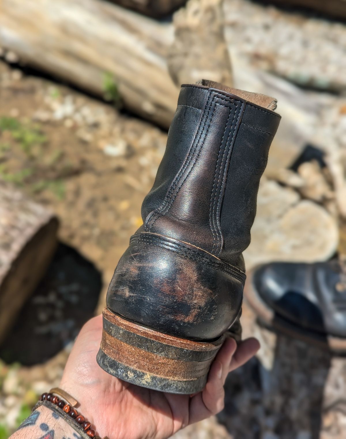 Photo by demo on July 5, 2024 of the White's Bounty Hunter in Horween Black Chromexcel.