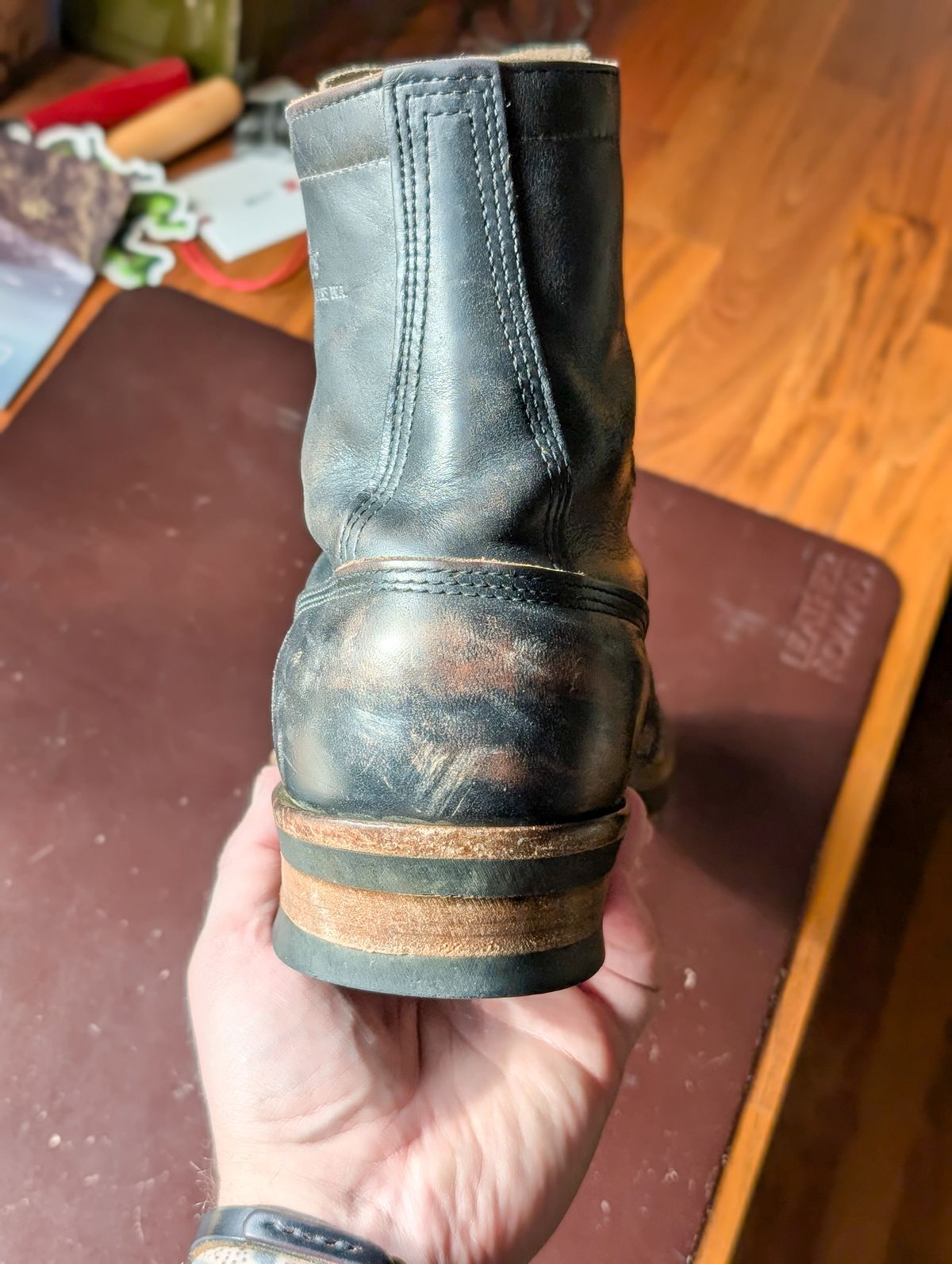 Photo by demo on January 18, 2025 of the White's Bounty Hunter in Horween Black Chromexcel.