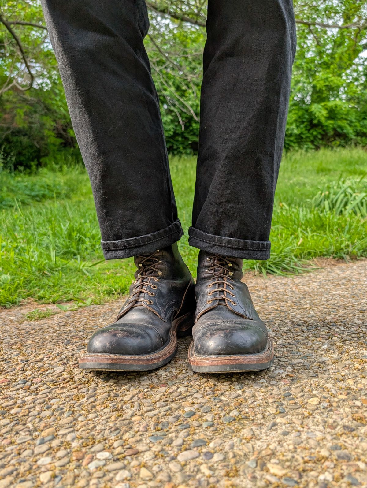 Photo by demo on May 10, 2025 of the White's Bounty Hunter in Horween Black Chromexcel.