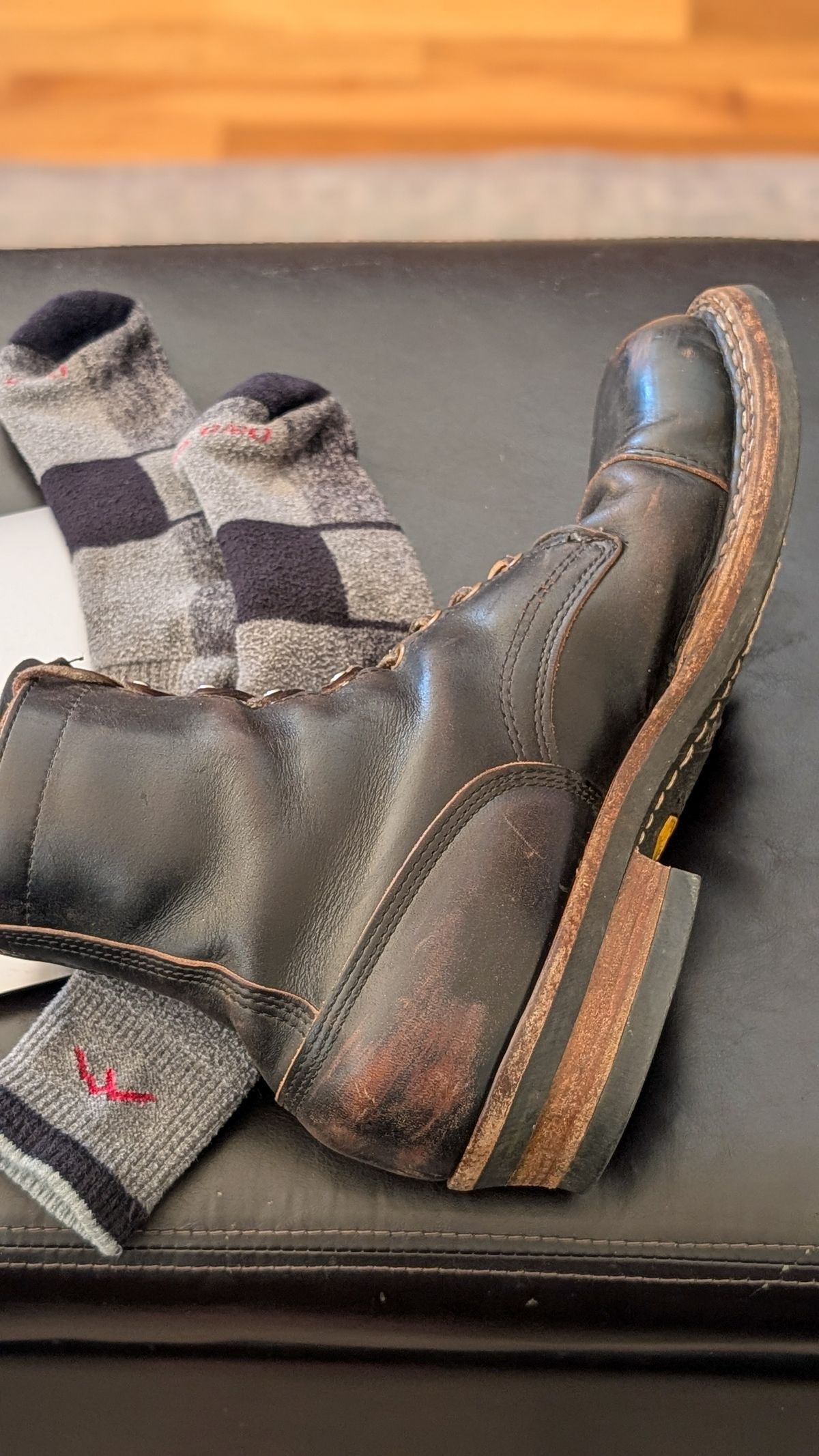 Photo by demo on January 19, 2026 of the White's Bounty Hunter in Horween Black Chromexcel.