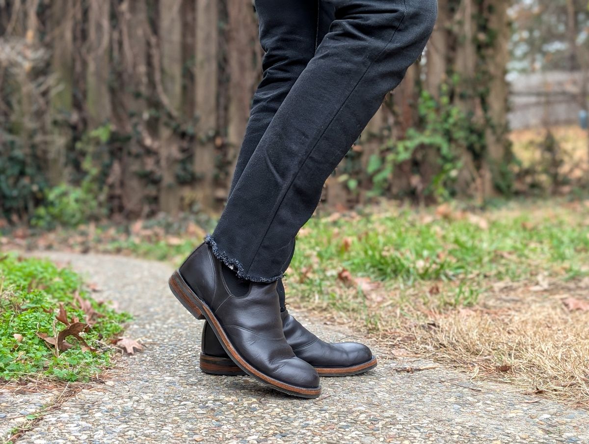 Photo by demo on December 24, 2024 of the RRL Congress Boot in Horween Black Chromexcel.