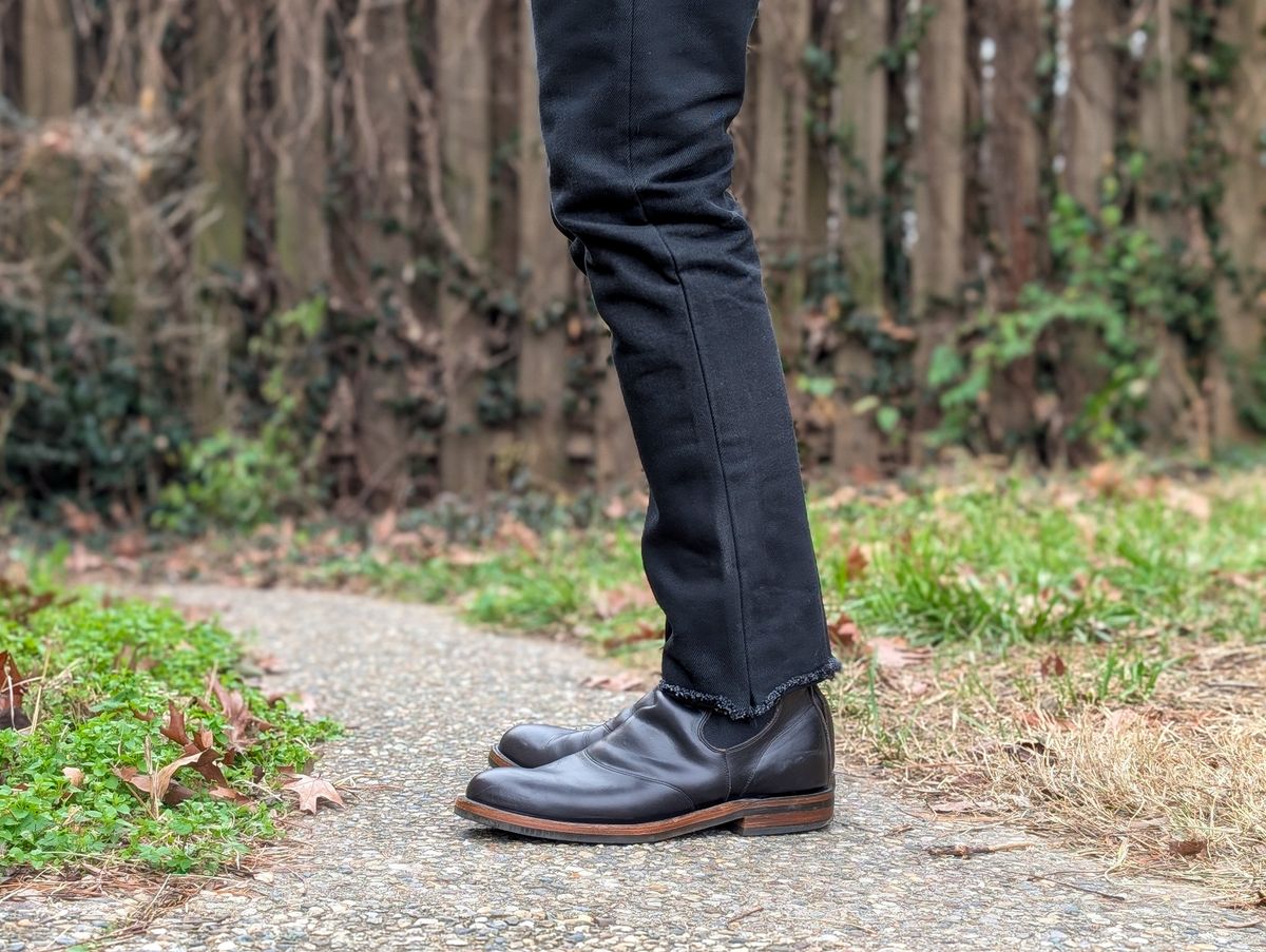 Photo by demo on December 24, 2024 of the RRL Congress Boot in Horween Black Chromexcel.