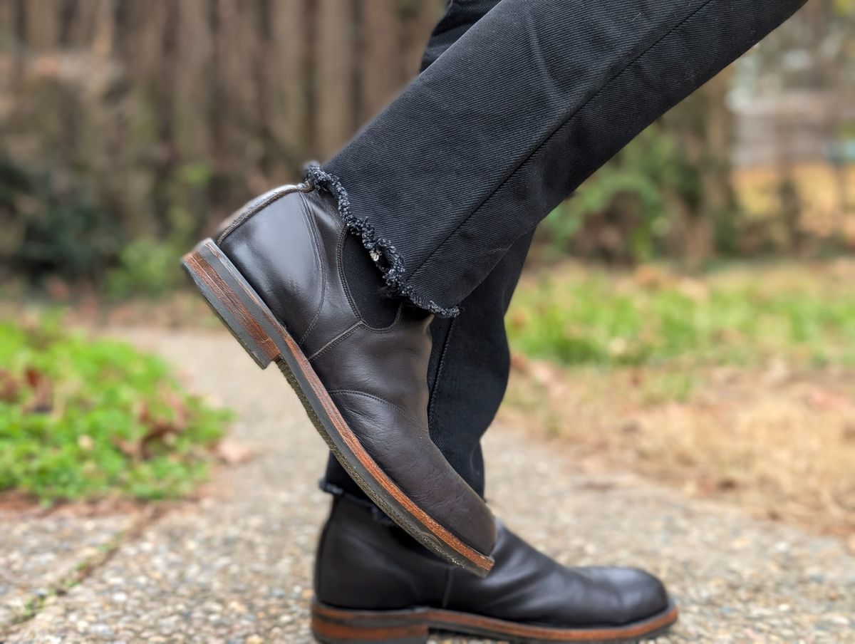 Photo by demo on December 24, 2024 of the RRL Congress Boot in Horween Black Chromexcel.