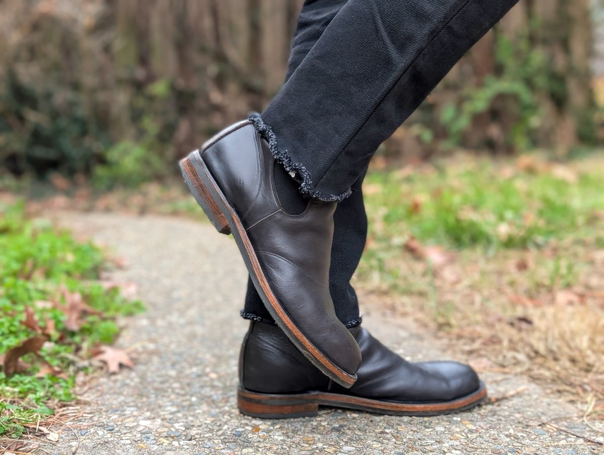 Photo by demo on December 24, 2024 of the RRL Congress Boot in Horween Black Chromexcel.