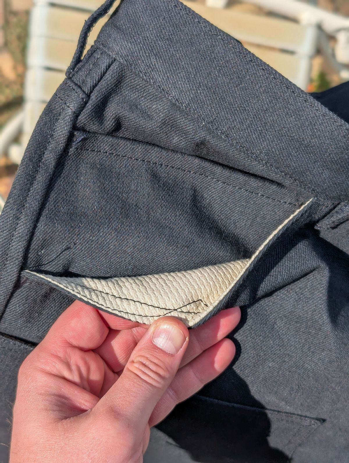 Photo by demo on September 9, 2025 of the Heritage Quality Goods Work Pants in Black Japanese Selvedge.