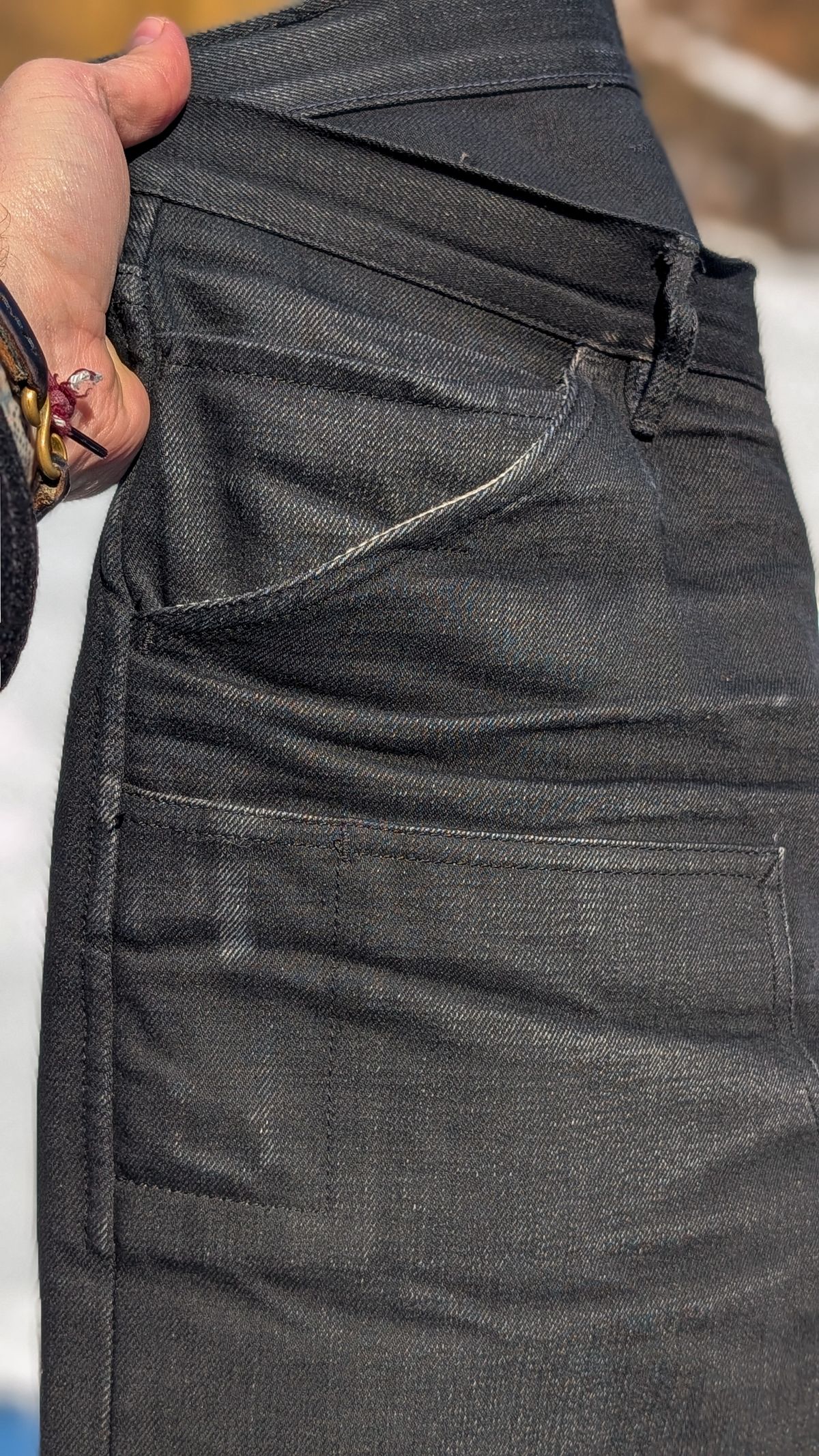 Photo by demo on January 27, 2026 of the Heritage Quality Goods Work Pants in Black Japanese Selvedge.