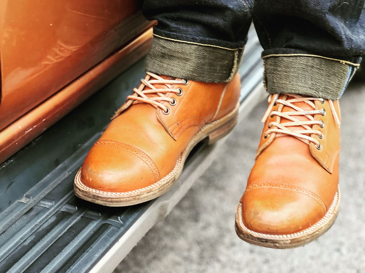 Photo by peterldavey on October 8, 2021 of the Viberg Service Boot in Tochigi Natural Cowhide.