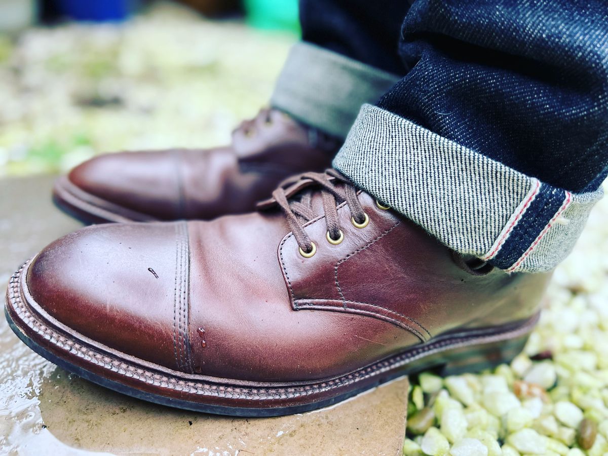 Photo by peterldavey on October 18, 2021 of the Grant Stone Cap Toe Boot in Horween Brown Chromexcel.