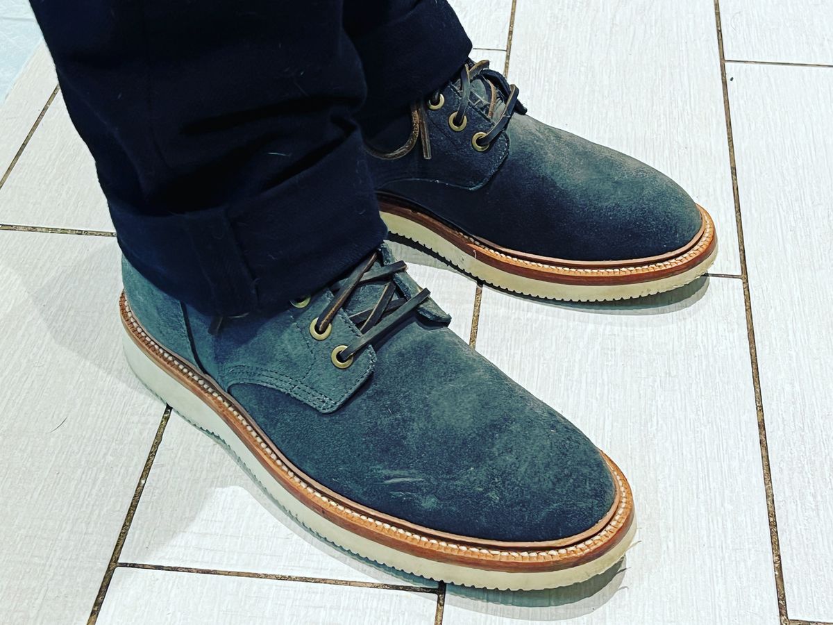 Photo by peterldavey on January 22, 2022 of the Grant Stone Diesel Boot in C.F. Stead Loden Janus Calf Suede.