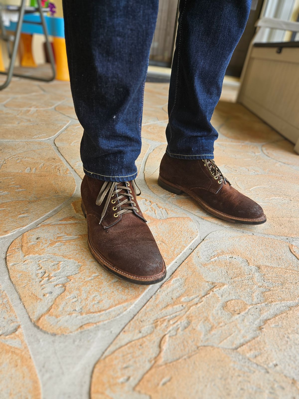 Photo by grim_f on June 14, 2024 of the Alden Plain Toe Boot in Horween Tobacco Chamois Roughout.