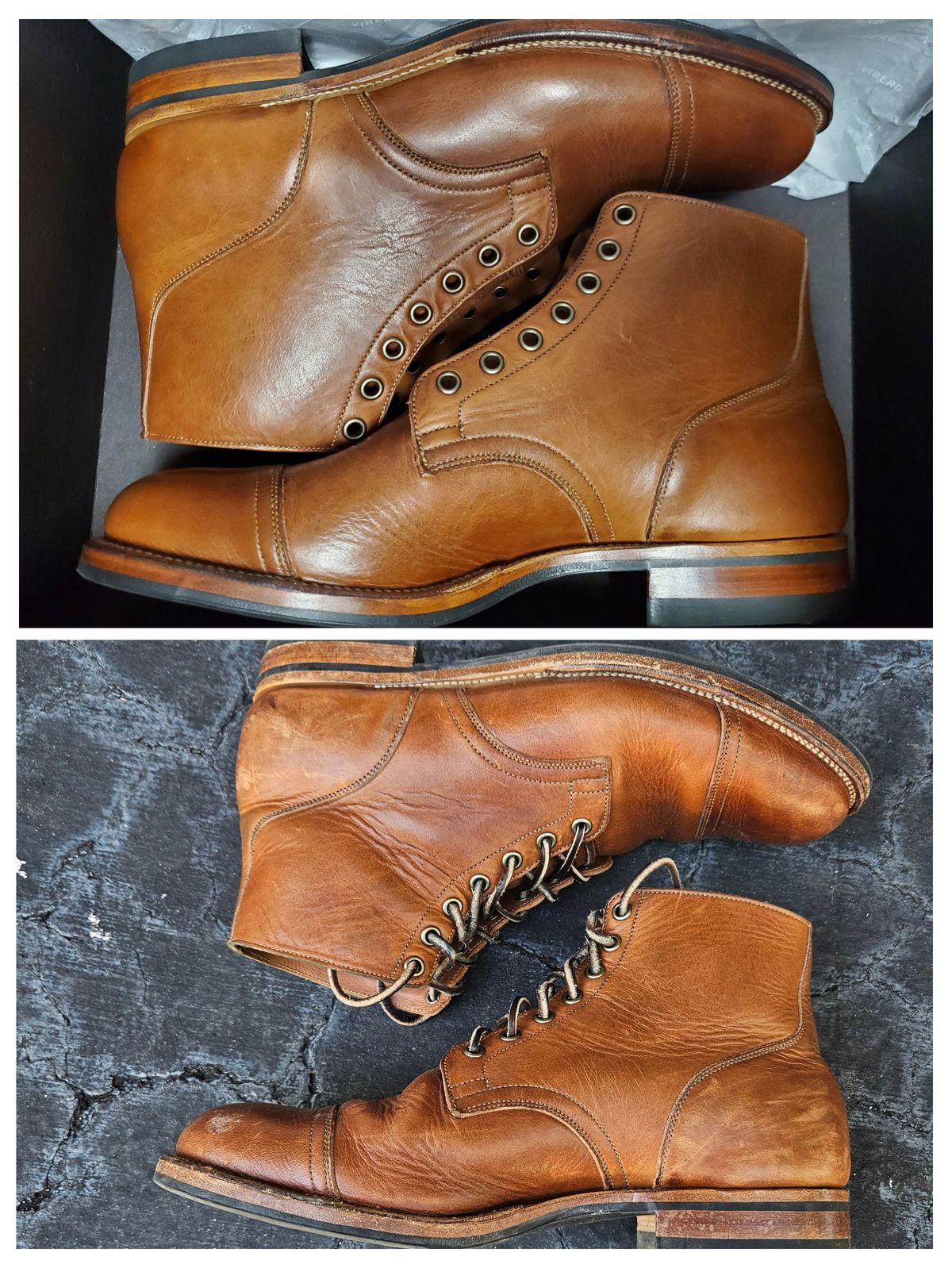 Photo by grim_f on April 5, 2024 of the Viberg Service Boot in Horween Toasted Coconut Dublin.