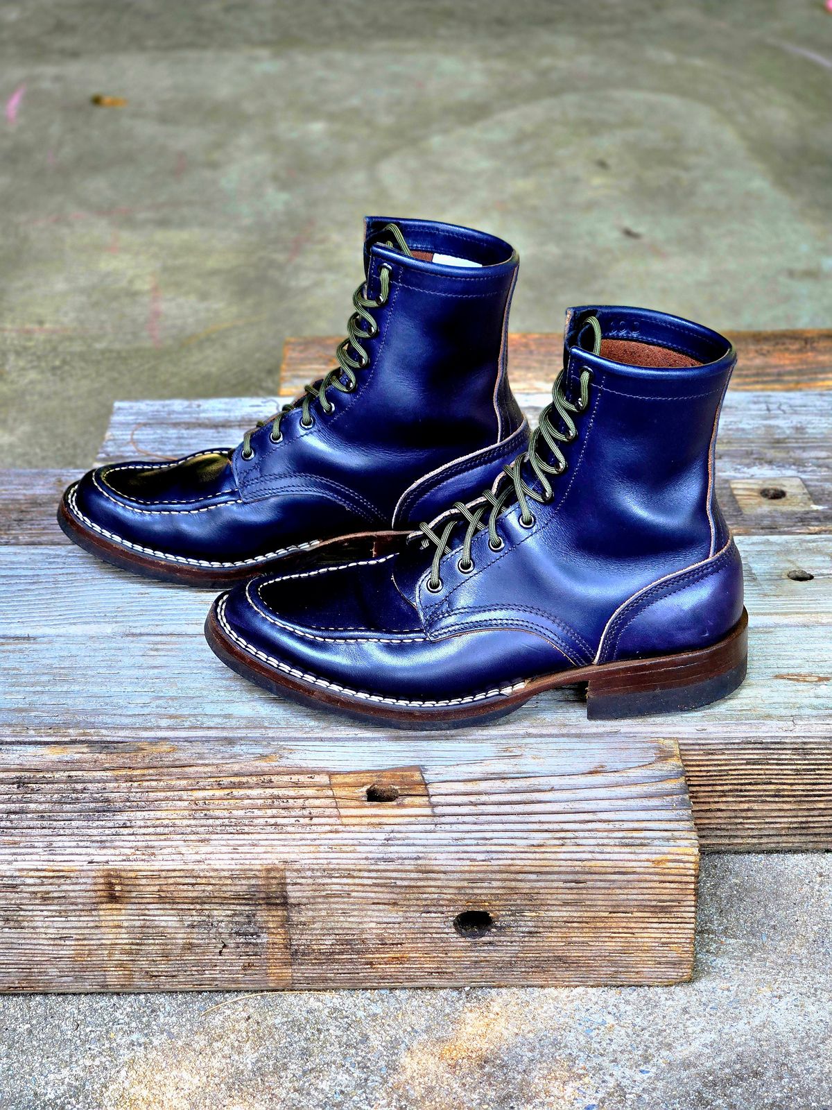 Photo by ShnyHntr91 on July 1, 2026 of the Nicks 1925 Last Moc Toes in Wickett & Craig, Double Stuffed Cobalt.