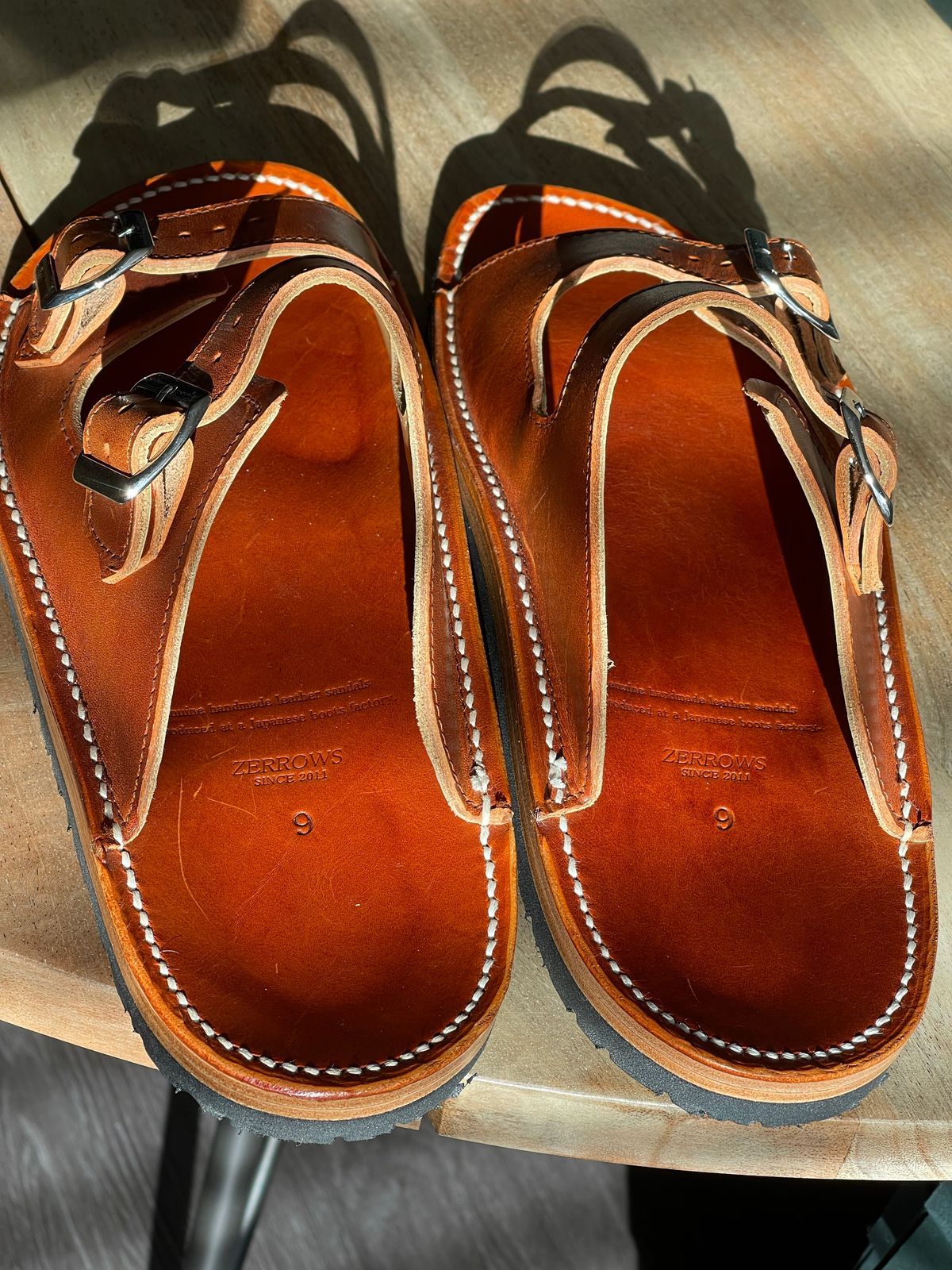 Photo by weltedshoes on October 2, 2022 of the Zerrows Two Strap Sandal in Dark Brown Douglas.