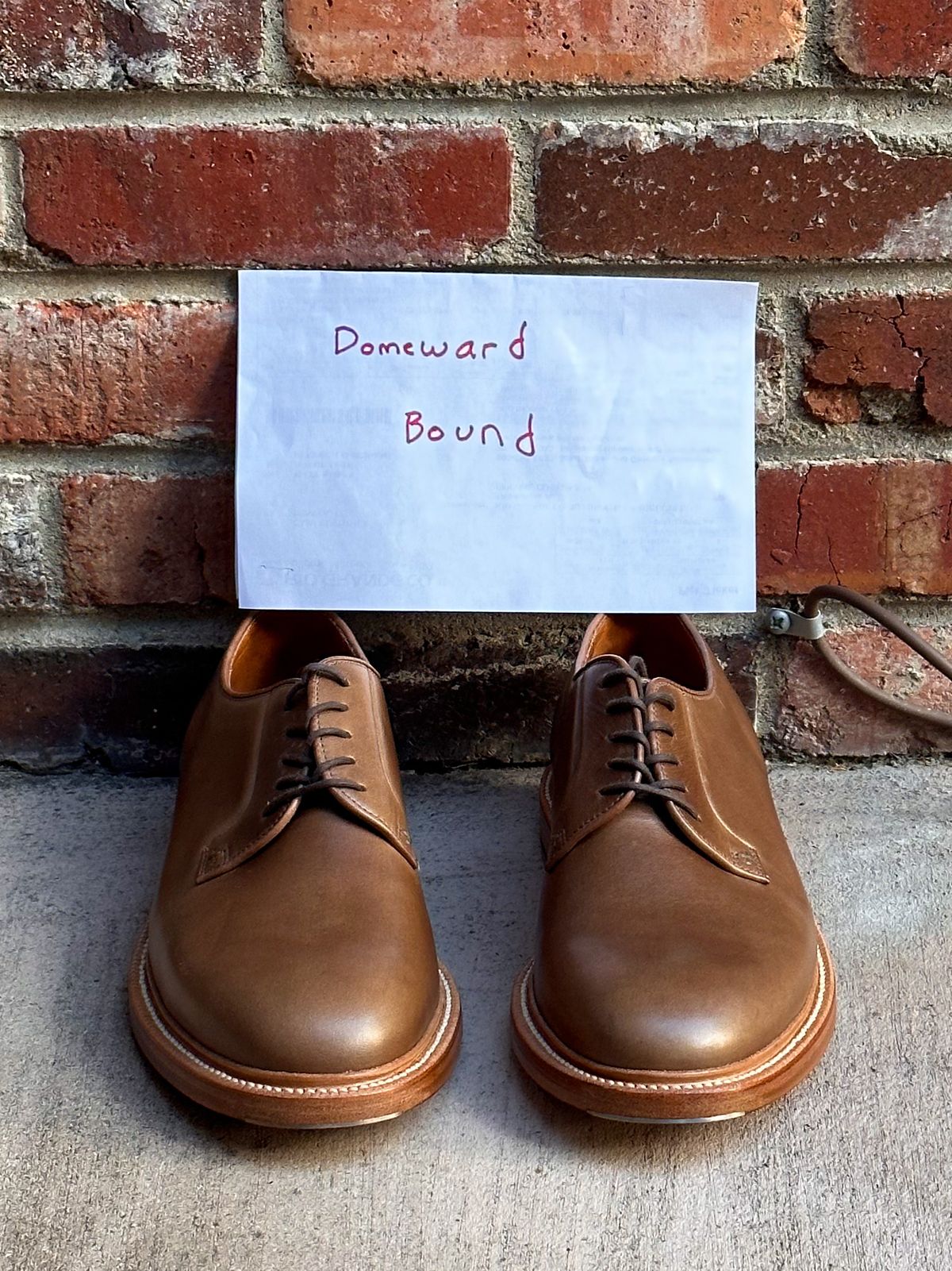 Photo by StCrispinGlover on October 2, 2023 of the Grant Stone Plain Toe Blucher in Horween Dune Chromexcel.
