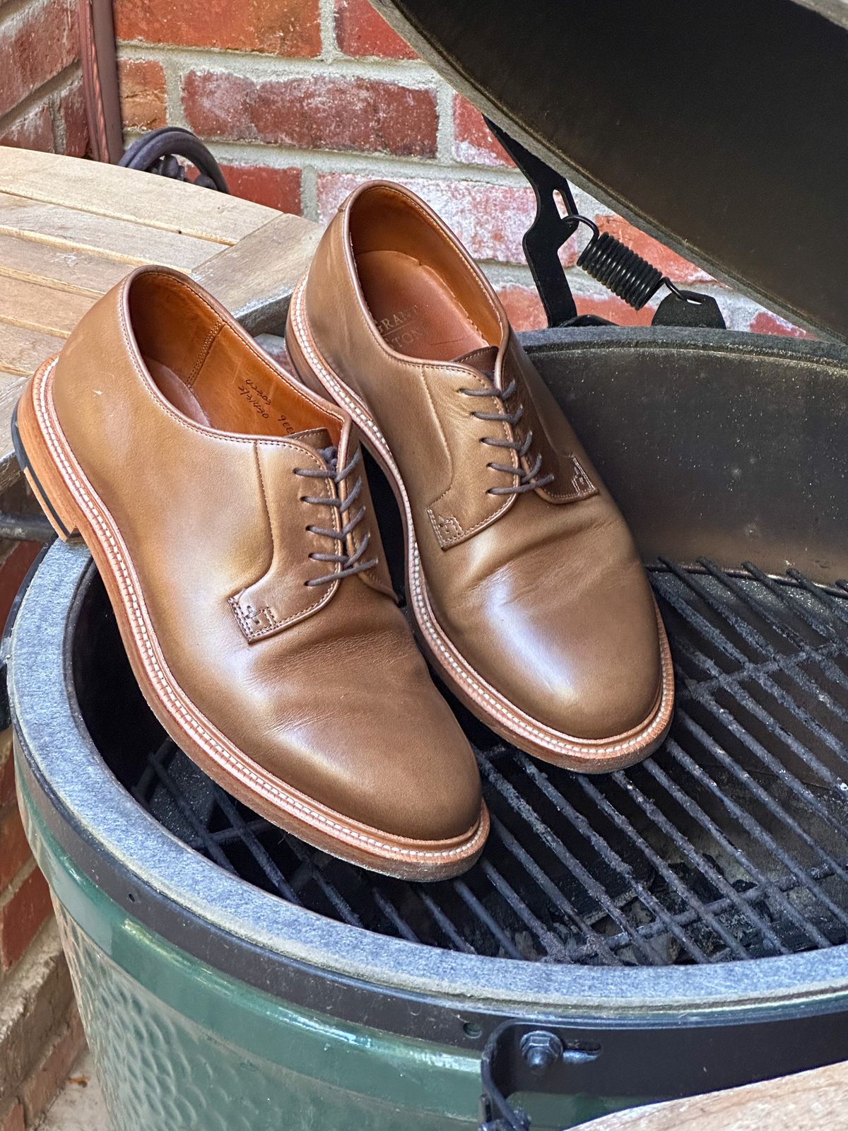 Photo by StCrispinGlover on November 7, 2023 of the Grant Stone Plain Toe Blucher in Horween Dune Chromexcel.