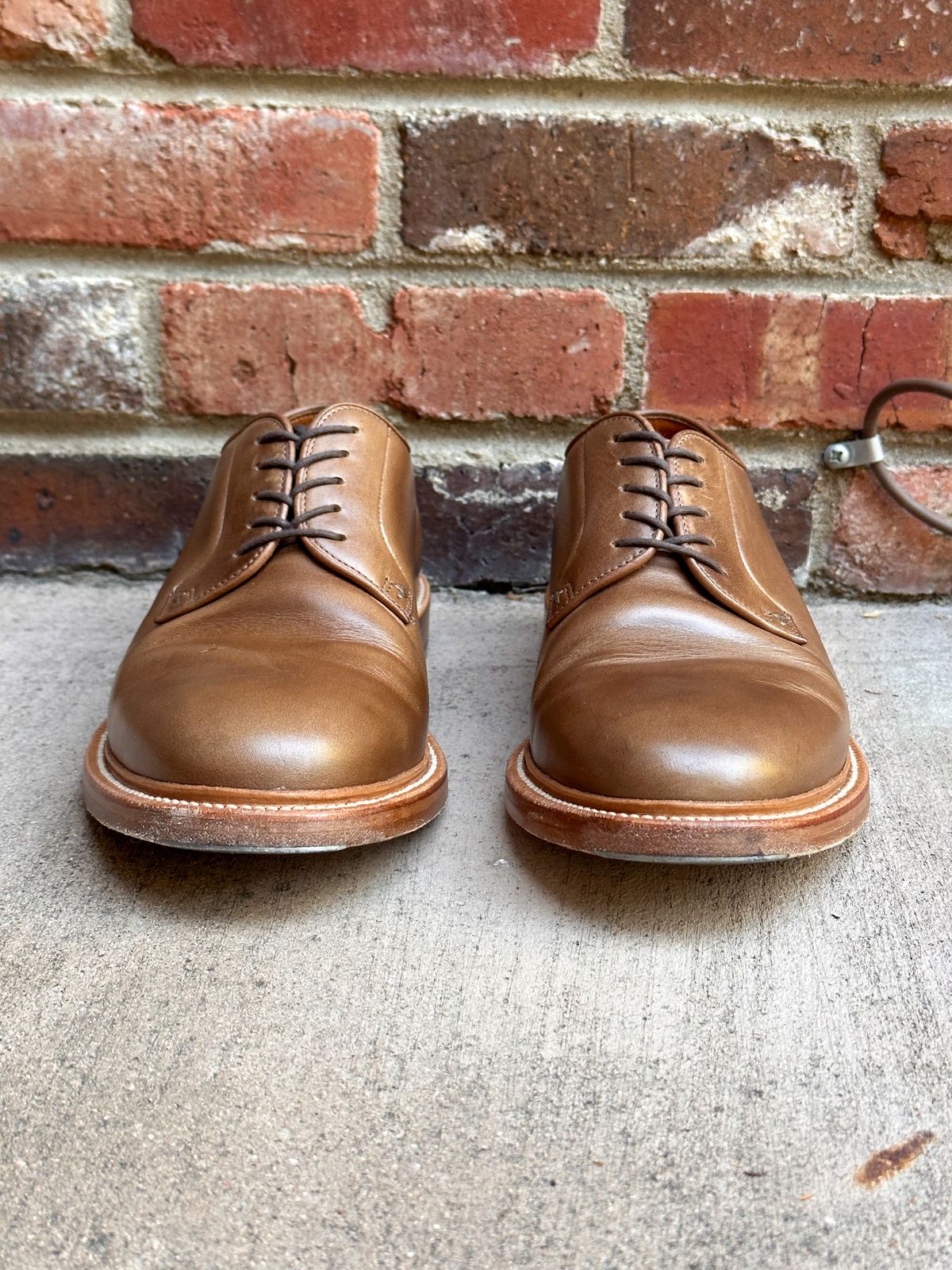 Photo by StCrispinGlover on November 7, 2023 of the Grant Stone Plain Toe Blucher in Horween Dune Chromexcel.