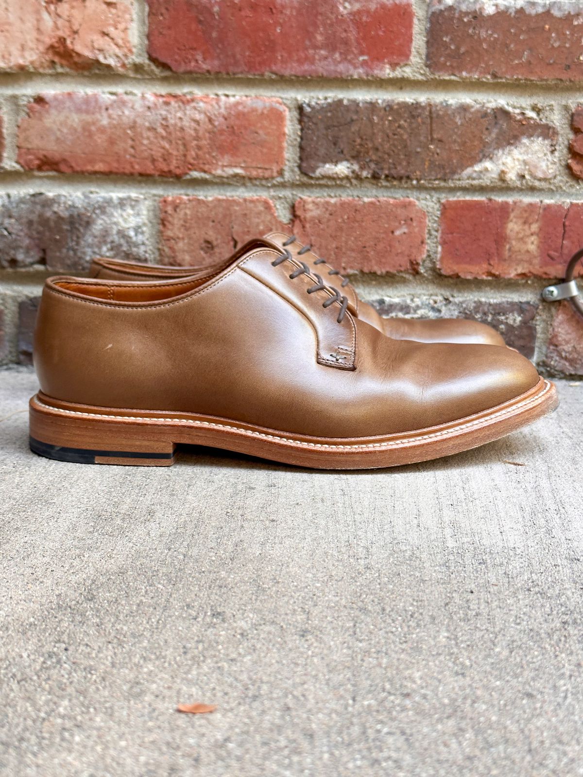 Photo by StCrispinGlover on November 7, 2023 of the Grant Stone Plain Toe Blucher in Horween Dune Chromexcel.