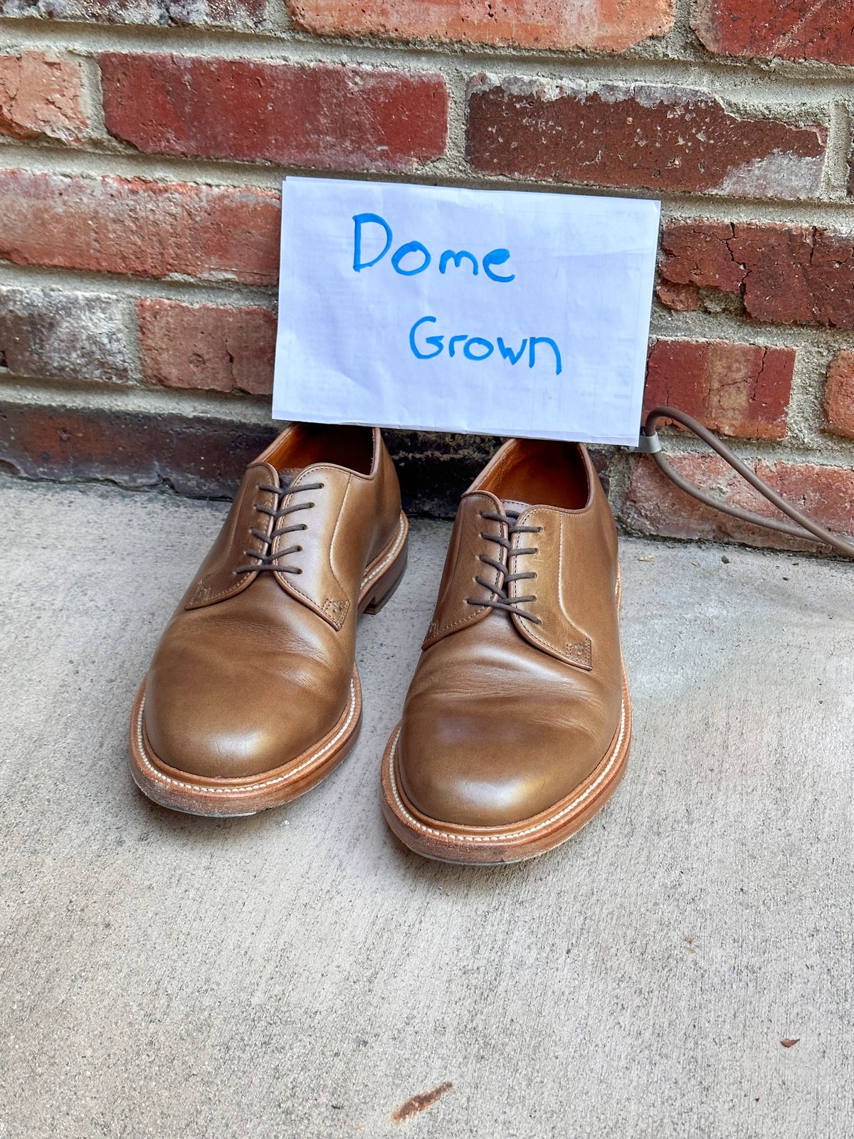 Photo by StCrispinGlover on November 7, 2023 of the Grant Stone Plain Toe Blucher in Horween Dune Chromexcel.