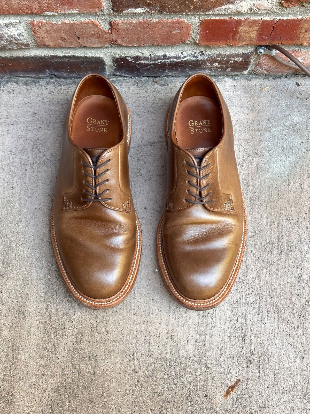 Photo by StCrispinGlover on November 7, 2023 of the Grant Stone Plain Toe Blucher in Horween Dune Chromexcel.