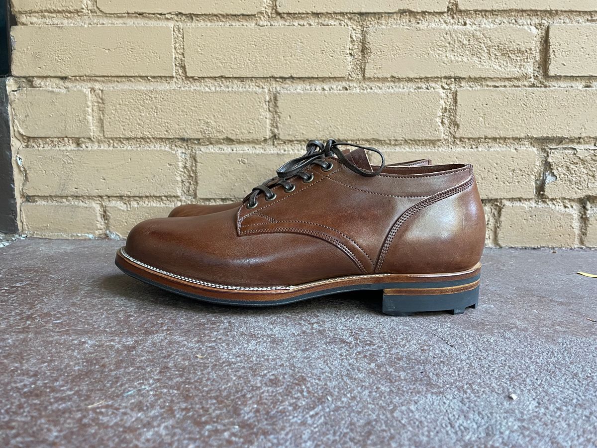 Photo by StCrispinGlover on October 1, 2022 of the Viberg 145 Oxford in Horween Natural Essex Workshoe Butt.