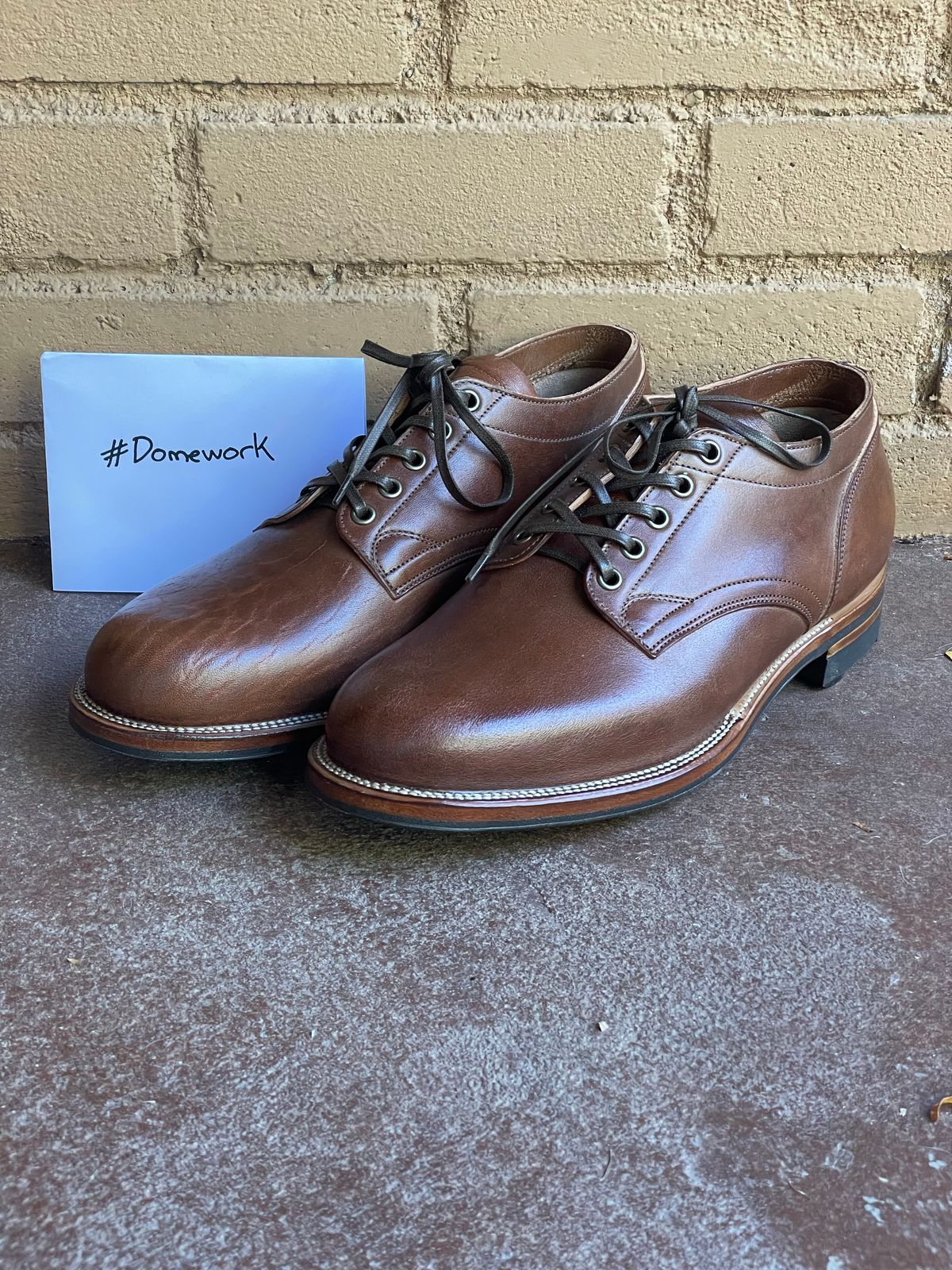 Photo by StCrispinGlover on October 1, 2022 of the Viberg 145 Oxford in Horween Natural Essex Workshoe Butt.
