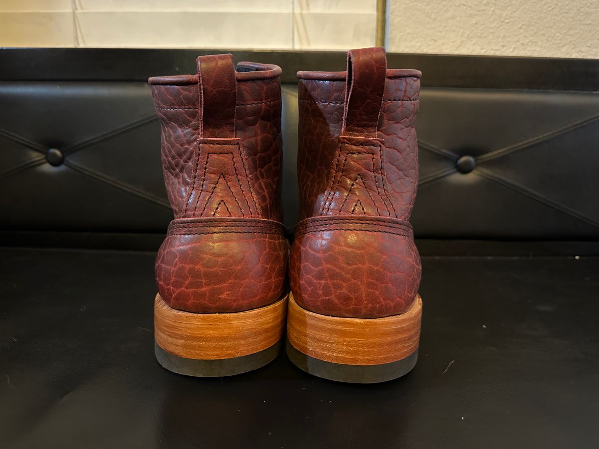 Photo by bootsfeet on November 6, 2023 of the Nicks MTO in Law Tanning Oxblood Smooth Shruken Bison.