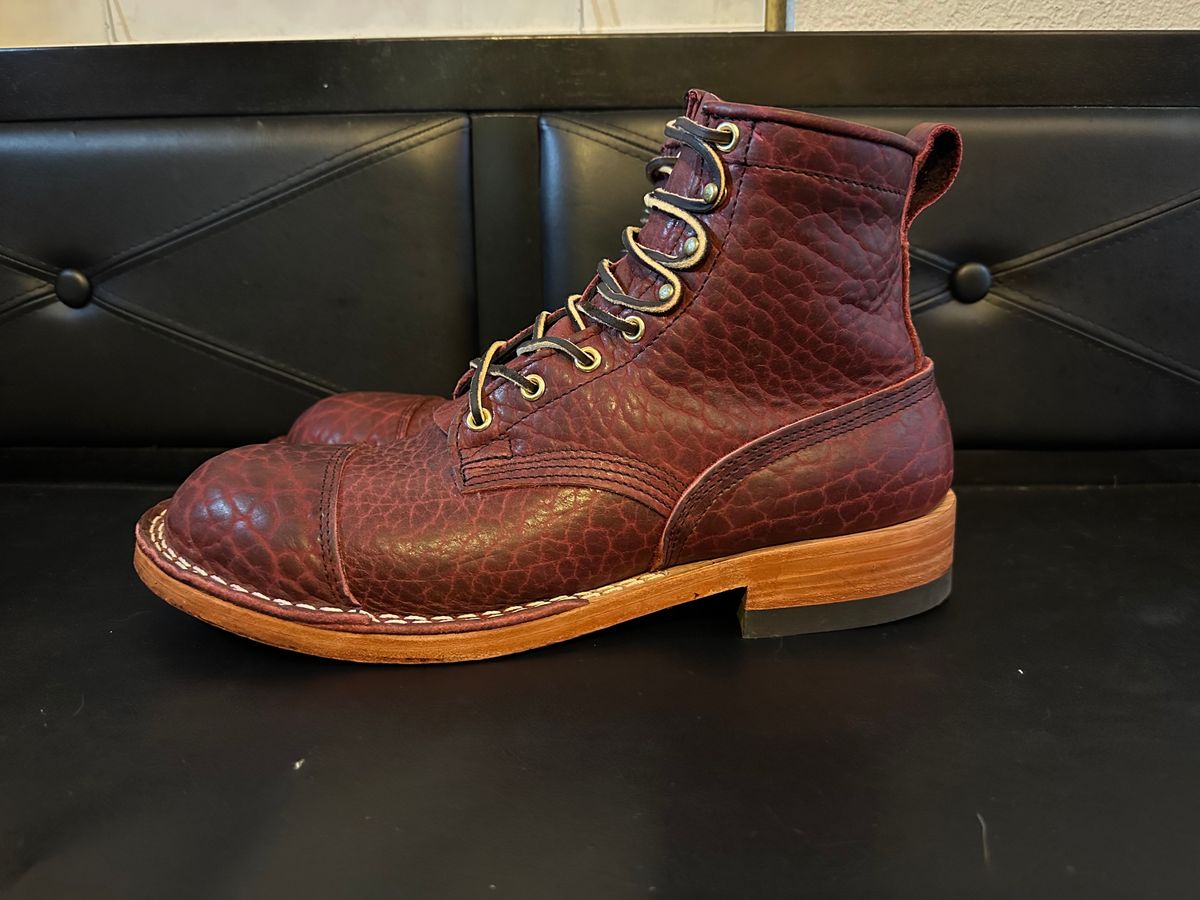 Photo by bootsfeet on November 6, 2023 of the Nicks MTO in Law Tanning Oxblood Smooth Shruken Bison.