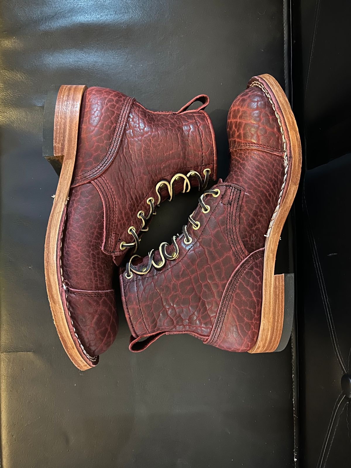 Photo by bootsfeet on November 6, 2023 of the Nicks MTO in Law Tanning Oxblood Smooth Shruken Bison.