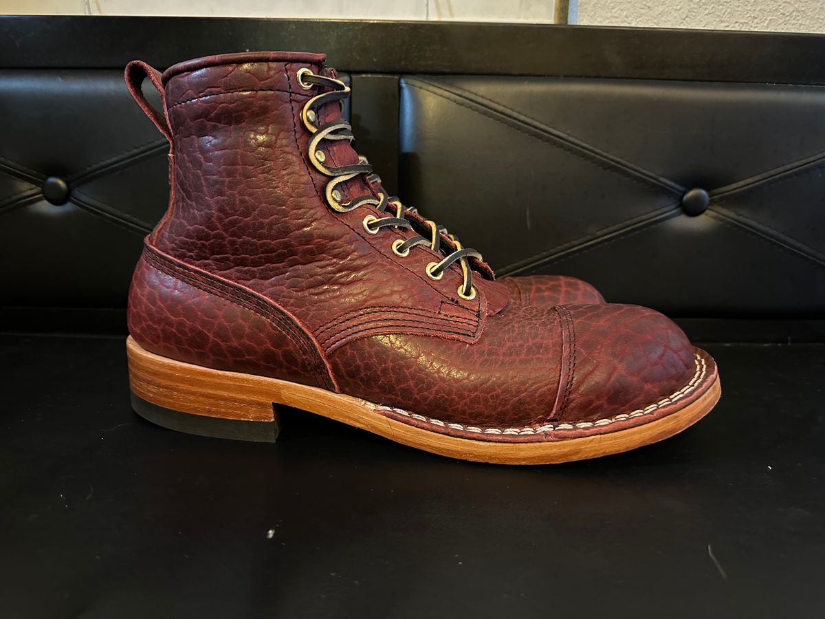 Photo by bootsfeet on November 6, 2023 of the Nicks MTO in Law Tanning Oxblood Smooth Shruken Bison.