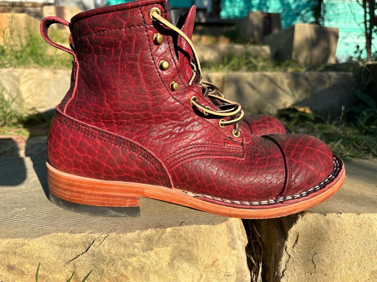 Photo by bootsfeet on December 5, 2023 of the Nicks MTO in Law Tanning Oxblood Smooth Shruken Bison.