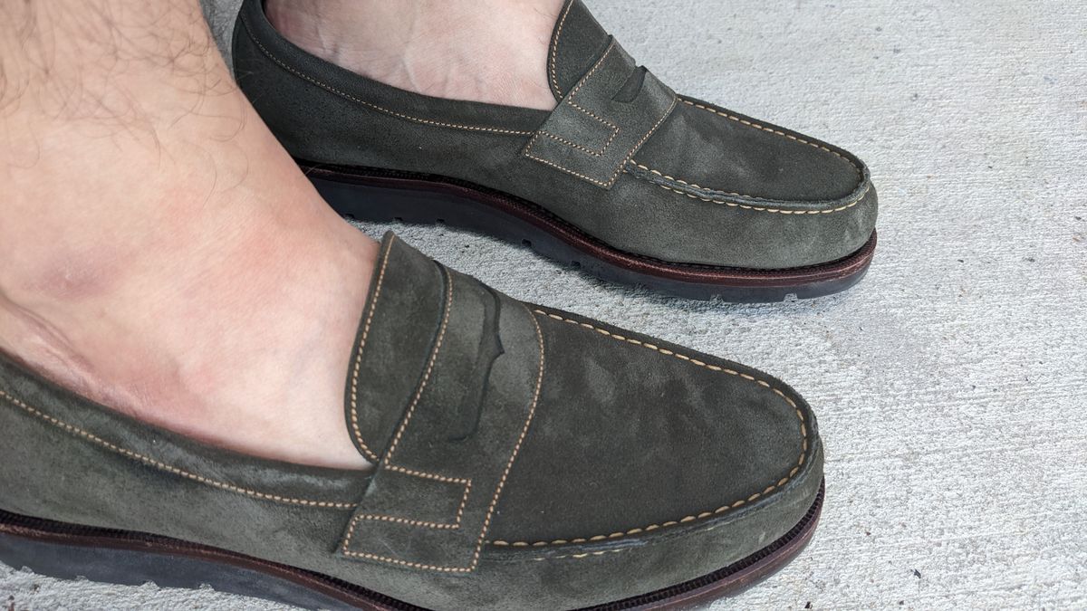 Photo by conicalsquare on July 1, 2022 of the Carmina Unlisted Model in C.F. Stead Loden Janus Calf Suede.