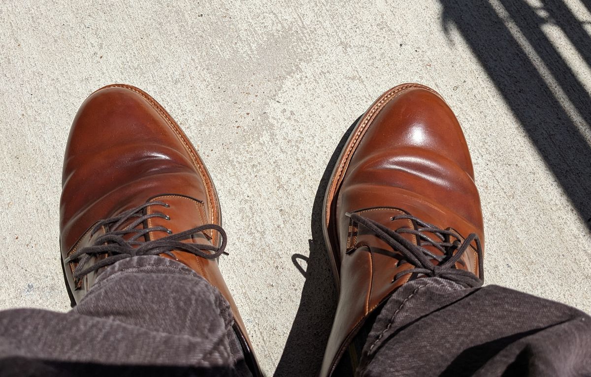 Photo by conicalsquare on April 22, 2023 of the Carmina Plain Toe Blucher Shoes 531 in Horween Natural Shell Cordovan.